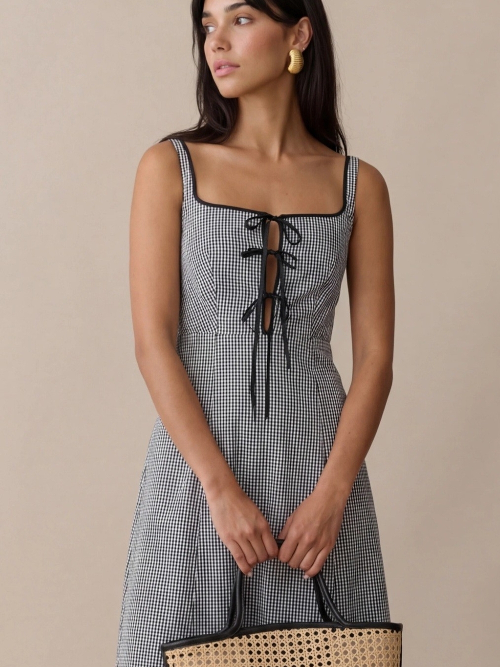 O.P.T. Babette Gingham Tie-Front Midi Dress in Black & White - Picture 2 of 4